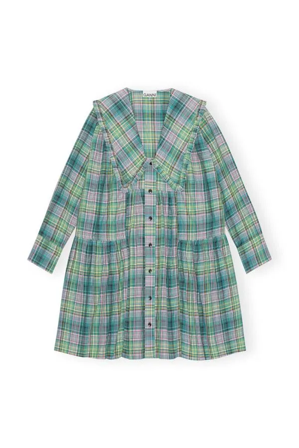 Clothing GANNI Dresses Seersucker Check Wide Shirt Dress Lagoon Clothing GANNI Dresses Seersucker Check Wide Shirt Dress Lagoon