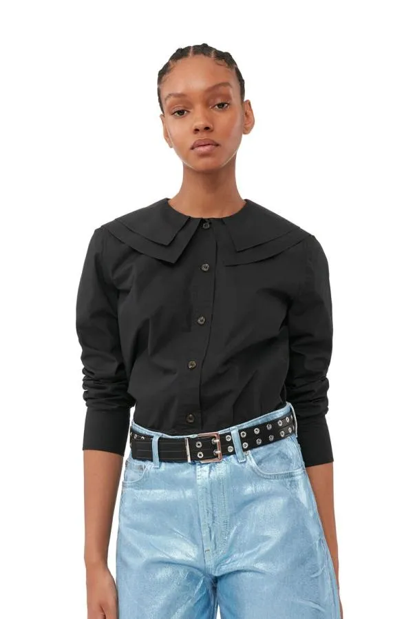 Clothing GANNI Extended Sizes Black Cotton Poplin DoubleCollar Shirt Black Clothing GANNI Extended Sizes Black Cotton Poplin DoubleCollar Shirt Black