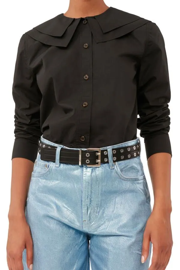 Clothing GANNI Extended Sizes Black Cotton Poplin DoubleCollar Shirt Black Clothing GANNI Extended Sizes Black Cotton Poplin DoubleCollar Shirt Black