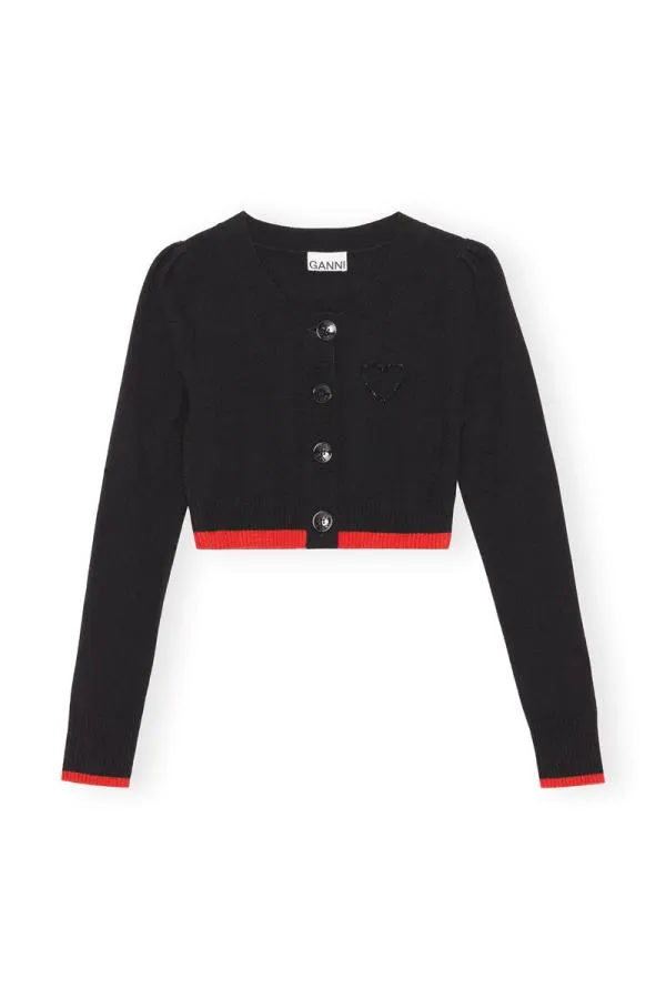 Clothing GANNI Extended Sizes Black Oneck Cropped Cardigan Black Clothing GANNI Extended Sizes Black Oneck Cropped Cardigan Black
