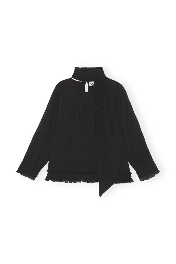 Clothing GANNI Extended Sizes Black Pleated Georgette Scarf Blouse Black Clothing GANNI Extended Sizes Black Pleated Georgette Scarf Blouse Black