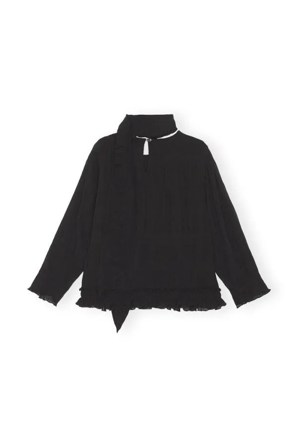 Clothing GANNI Extended Sizes Black Pleated Georgette Scarf Blouse Black Clothing GANNI Extended Sizes Black Pleated Georgette Scarf Blouse Black