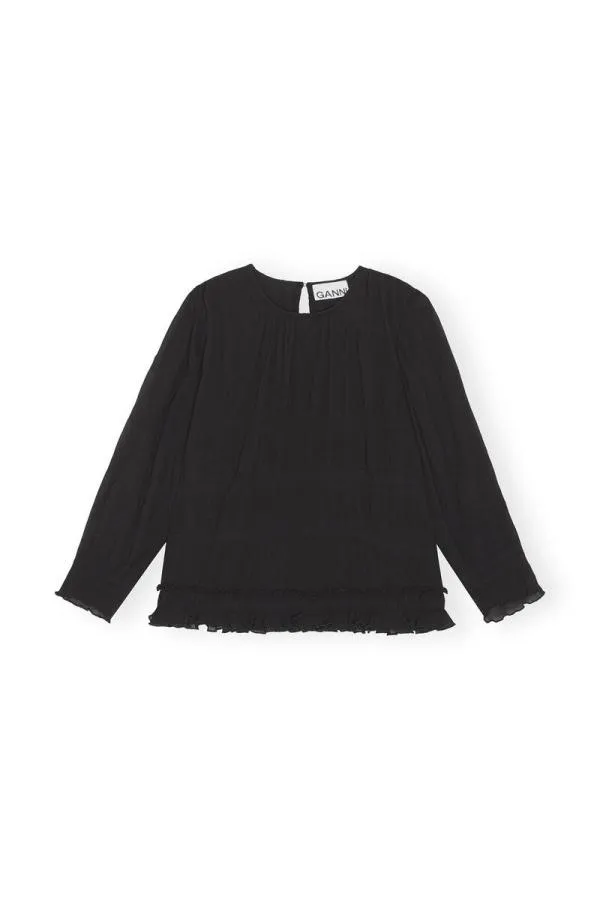 Clothing GANNI Extended Sizes Black Pleated Georgette Scarf Blouse Black Clothing GANNI Extended Sizes Black Pleated Georgette Scarf Blouse Black