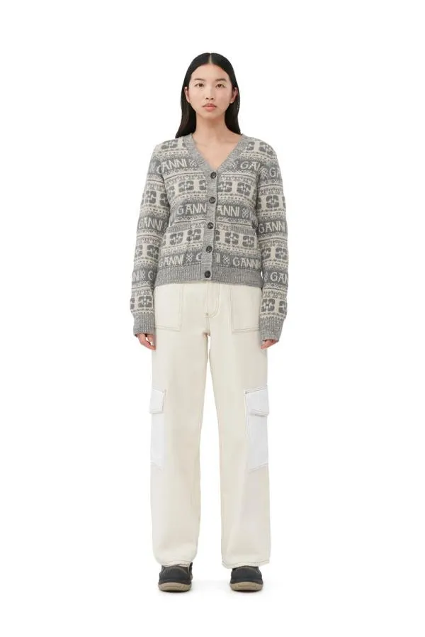 Clothing GANNI Extended Sizes Grey Logo Wool Mix Cardigan Frost Gray