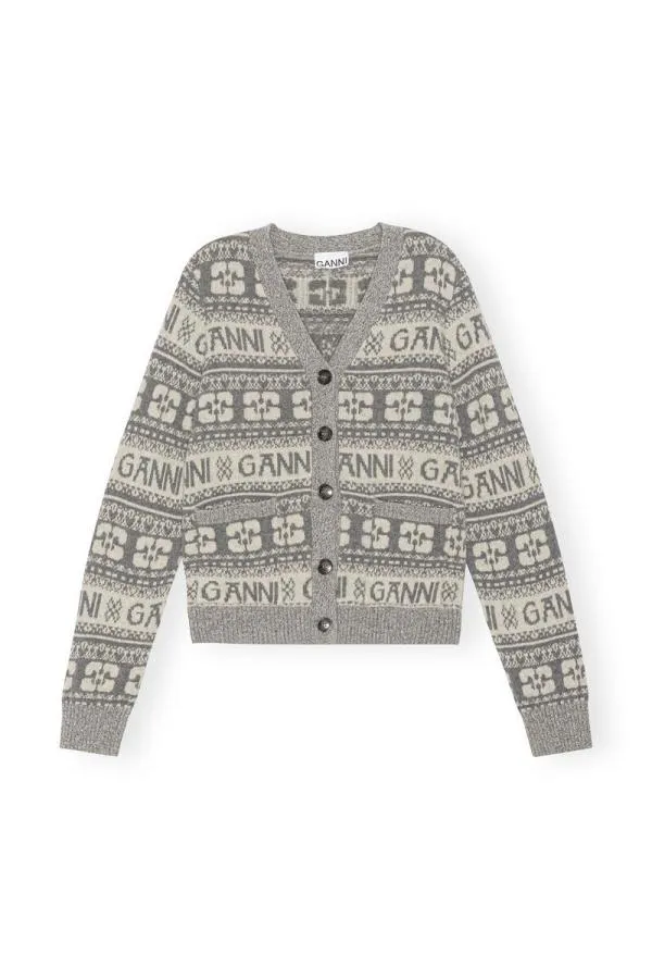 Clothing GANNI Extended Sizes Grey Logo Wool Mix Cardigan Frost Gray Clothing GANNI Extended Sizes Grey Logo Wool Mix Cardigan Frost Gray