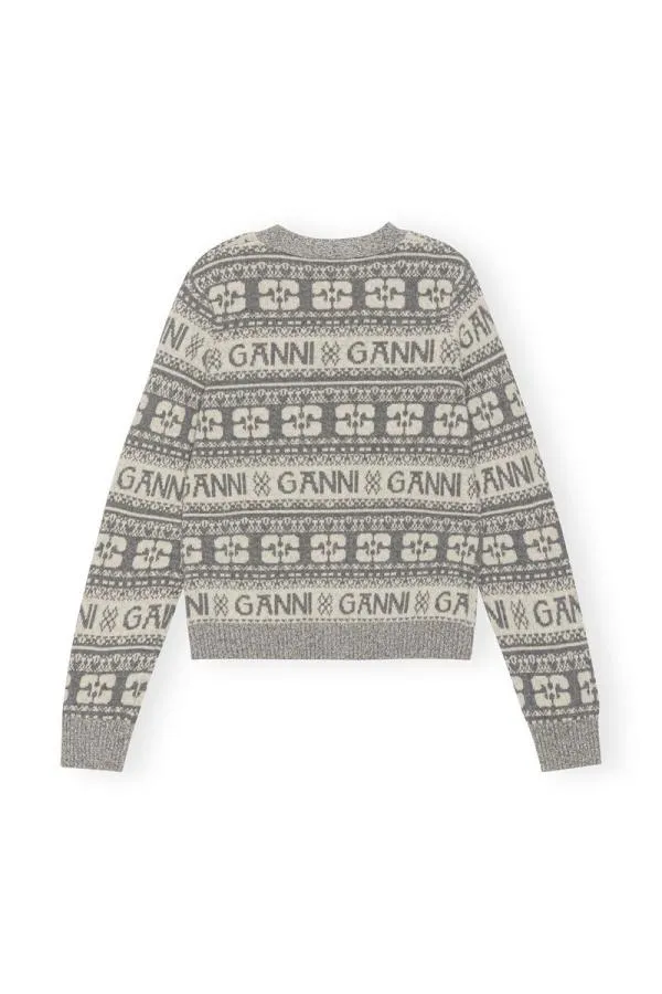 Clothing GANNI Extended Sizes Grey Logo Wool Mix Cardigan Frost Gray Clothing GANNI Extended Sizes Grey Logo Wool Mix Cardigan Frost Gray