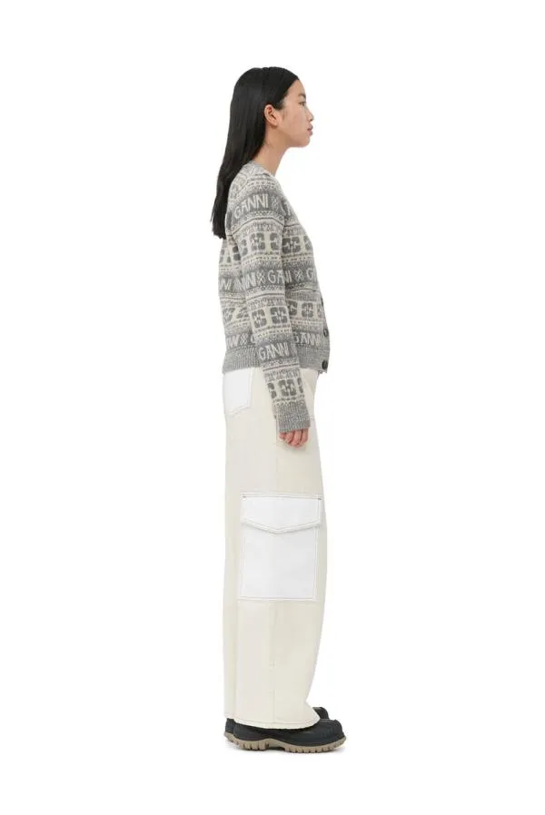 Clothing GANNI Extended Sizes Grey Logo Wool Mix Cardigan Frost Gray Clothing GANNI Extended Sizes Grey Logo Wool Mix Cardigan Frost Gray