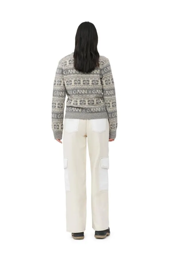 Clothing GANNI Extended Sizes Grey Logo Wool Mix Cardigan Frost Gray Clothing GANNI Extended Sizes Grey Logo Wool Mix Cardigan Frost Gray