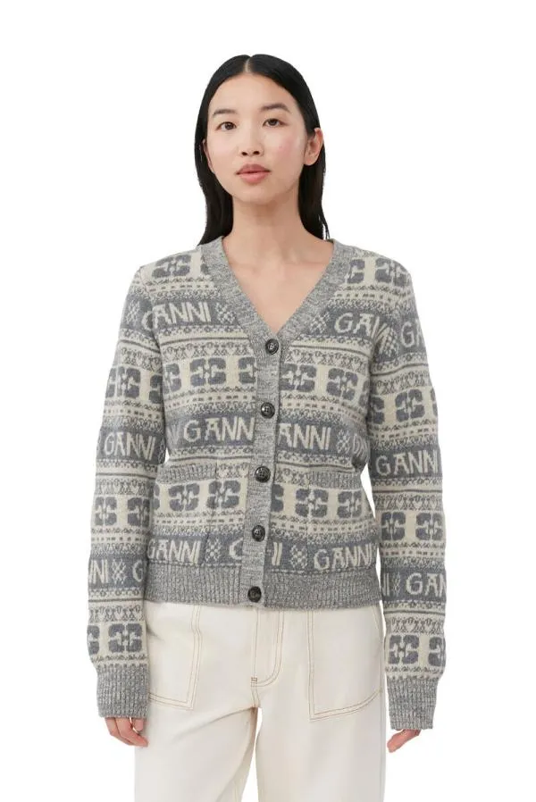 Clothing GANNI Extended Sizes Grey Logo Wool Mix Cardigan Frost Gray Clothing GANNI Extended Sizes Grey Logo Wool Mix Cardigan Frost Gray