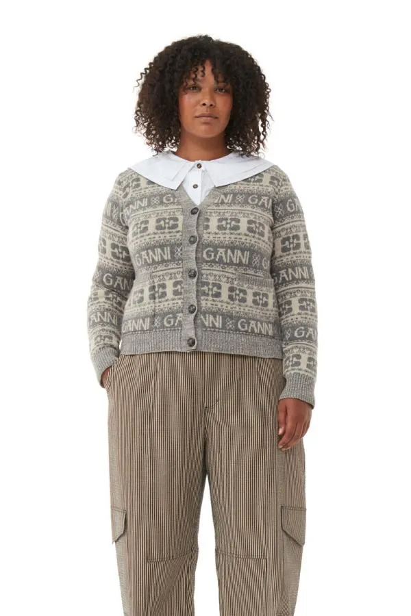 Clothing GANNI Extended Sizes Grey Logo Wool Mix Cardigan Frost Gray Clothing GANNI Extended Sizes Grey Logo Wool Mix Cardigan Frost Gray