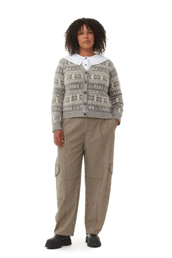 Clothing GANNI Extended Sizes Grey Logo Wool Mix Cardigan Frost Gray Clothing GANNI Extended Sizes Grey Logo Wool Mix Cardigan Frost Gray