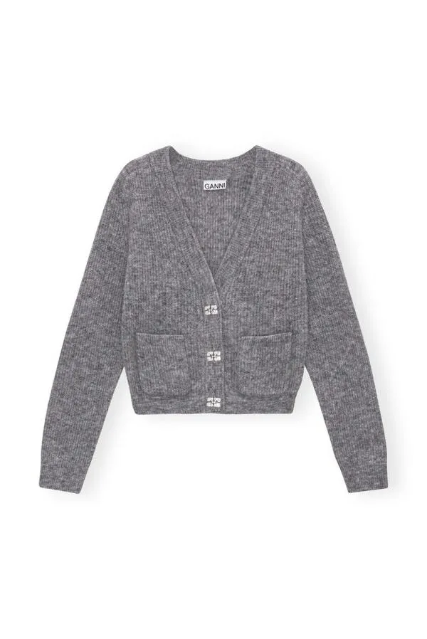 Clothing GANNI Extended Sizes Grey Soft Wool Cardigan Paloma Melange Clothing GANNI Extended Sizes Grey Soft Wool Cardigan Paloma Melange