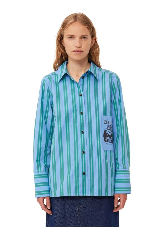 Clothing GANNI Extended Sizes Recut Striped Cotton Shirt Silver Lake Blue