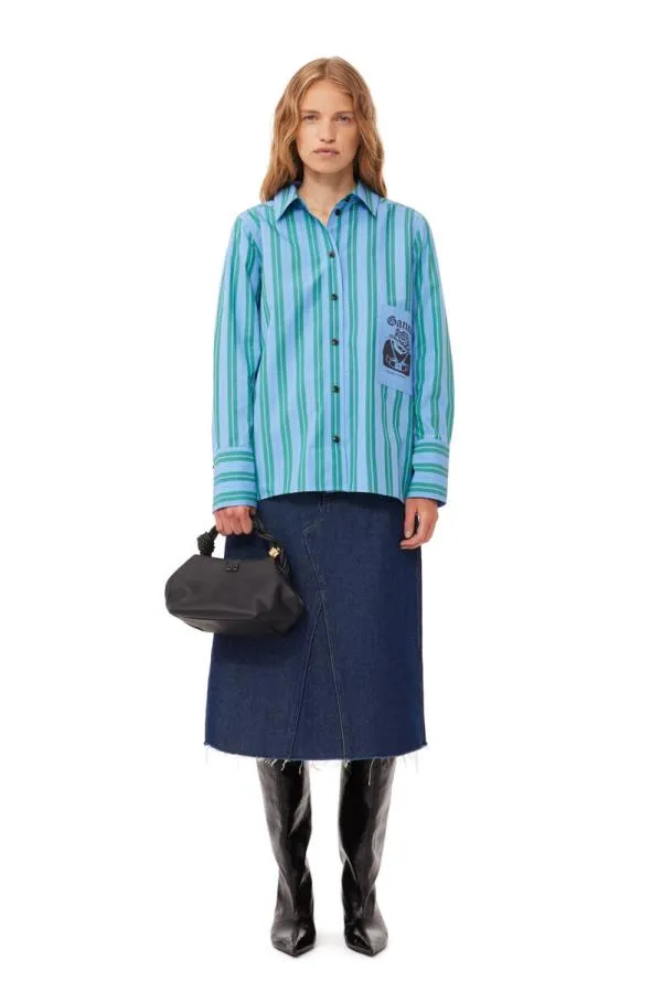 Clothing GANNI Extended Sizes Recut Striped Cotton Shirt Silver Lake Blue