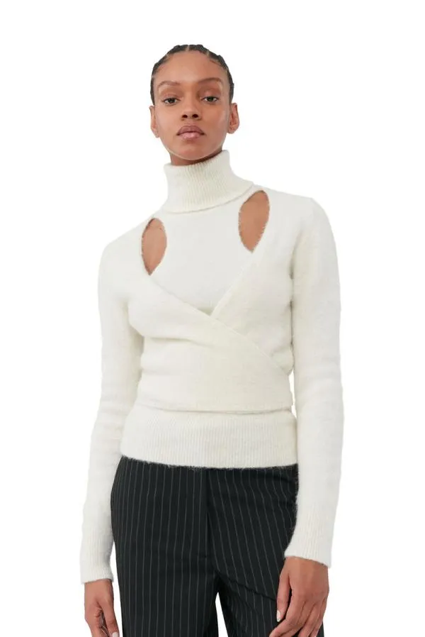 Clothing GANNI Extended Sizes White Brushed Alpaca Wrap Blouse Egret
