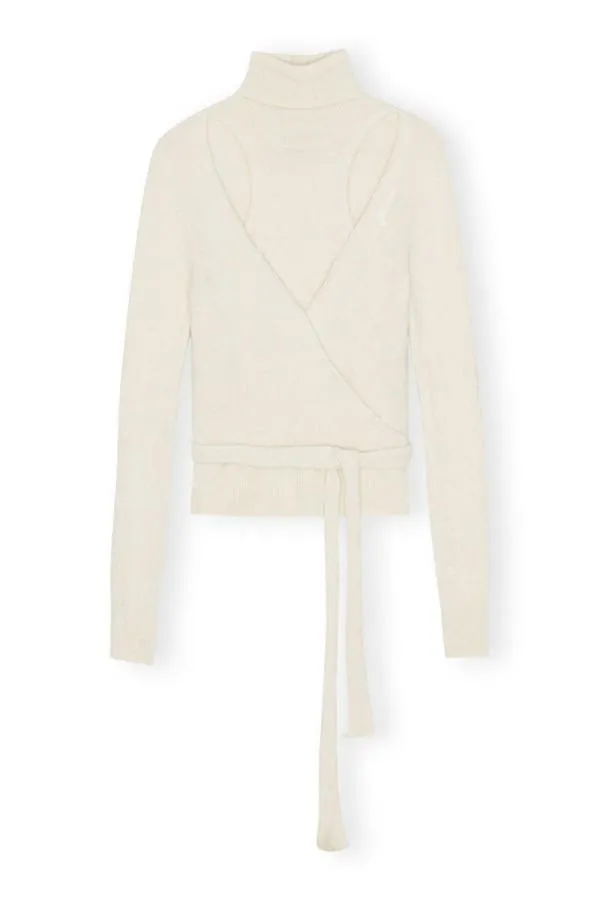 Clothing GANNI Extended Sizes White Brushed Alpaca Wrap Blouse Egret Clothing GANNI Extended Sizes White Brushed Alpaca Wrap Blouse Egret