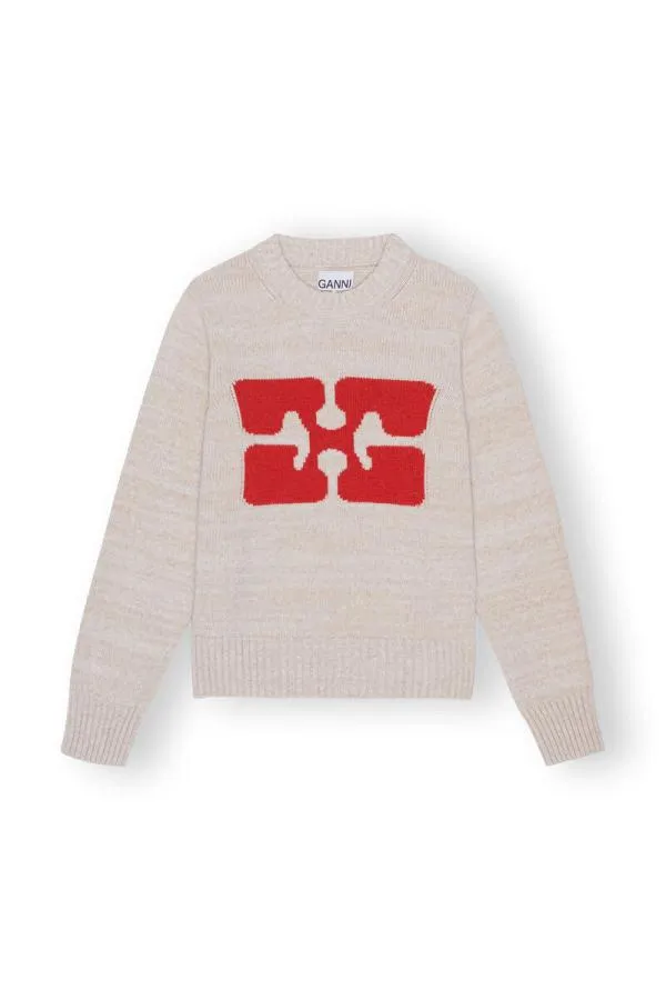 Clothing GANNI Knitwear Graphic Oneck Pullover Pale Khaki Clothing GANNI Knitwear Graphic Oneck Pullover Pale Khaki
