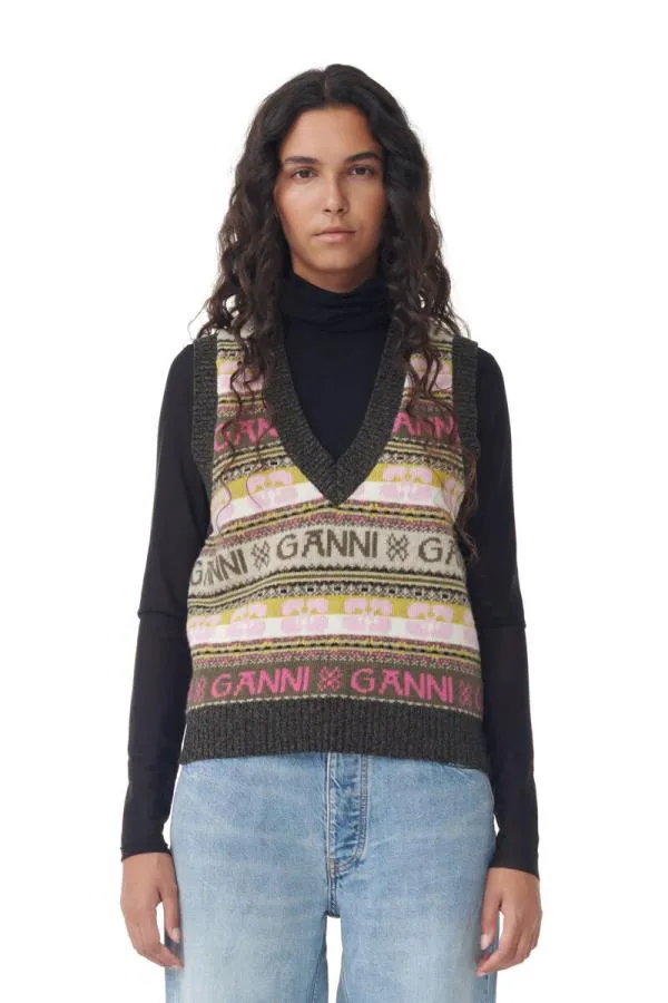 Clothing GANNI Knitwear Green Logo Wool Mix Vest Kalamata