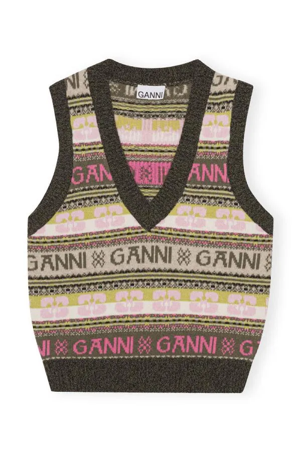 Clothing GANNI Knitwear Green Logo Wool Mix Vest Kalamata