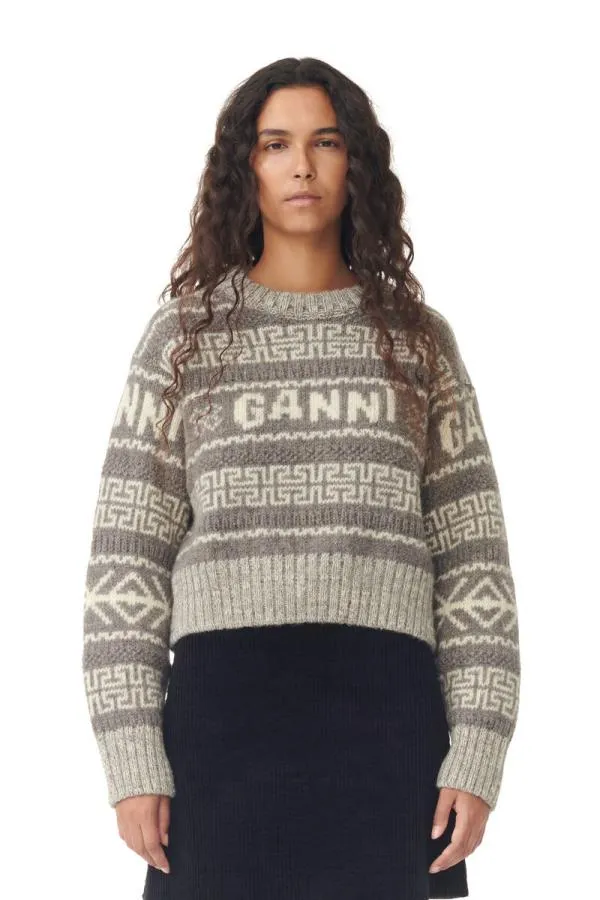 Clothing GANNI Knitwear Grey Lambswool Cropped Oneck Pullover Timber Wolf
