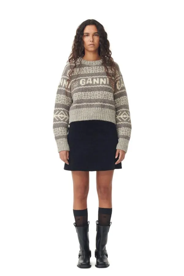 Clothing GANNI Knitwear Grey Lambswool Cropped Oneck Pullover Timber Wolf