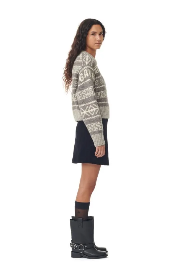 Clothing GANNI Knitwear Grey Lambswool Cropped Oneck Pullover Timber Wolf