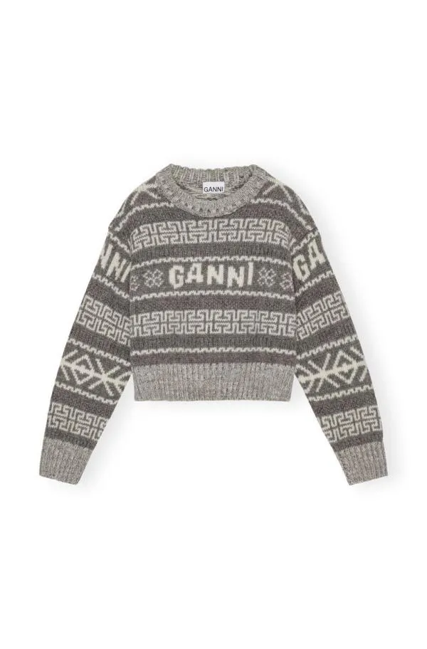 Clothing GANNI Knitwear Grey Lambswool Cropped Oneck Pullover Timber Wolf