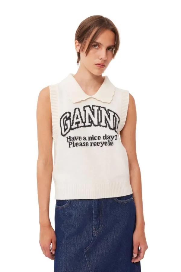 Clothing GANNI Knitwear Recut White Graphic Vest Egret