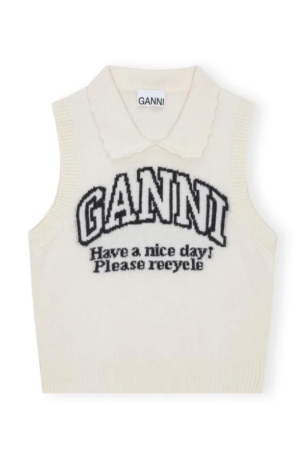 Clothing GANNI Knitwear Recut White Graphic Vest Egret