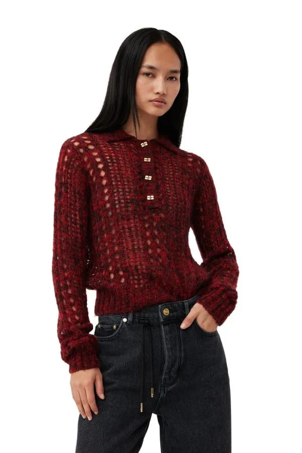 Clothing GANNI Knitwear Red Mohair Lace Polo Sweater Racing Red