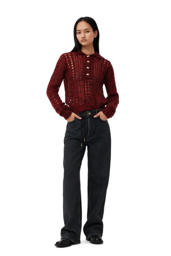 Clothing GANNI Knitwear Red Mohair Lace Polo Sweater Racing Red Clothing GANNI Knitwear Red Mohair Lace Polo Sweater Racing Red