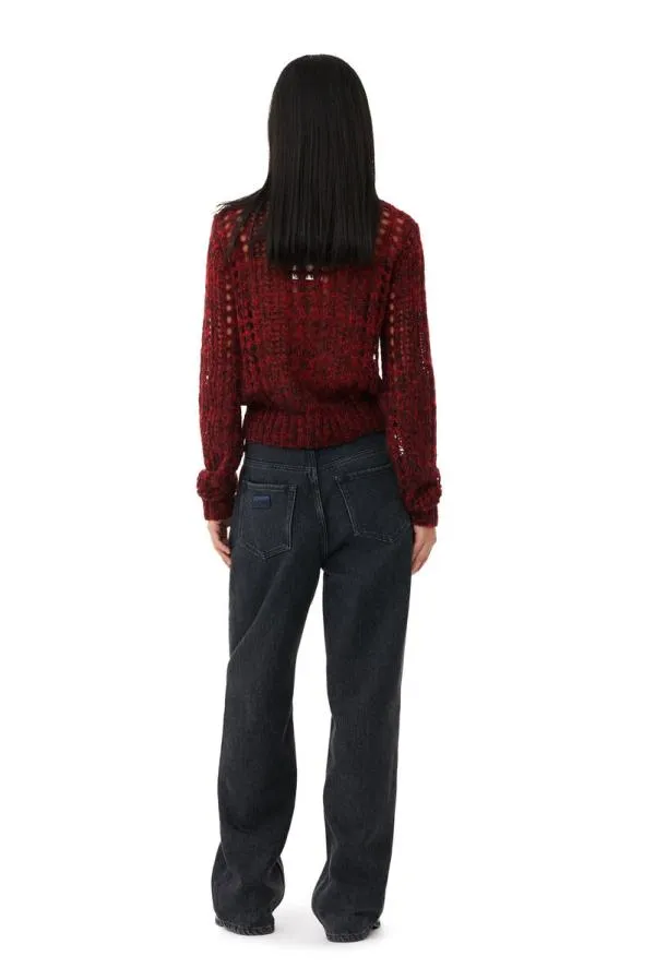 Clothing GANNI Knitwear Red Mohair Lace Polo Sweater Racing Red Clothing GANNI Knitwear Red Mohair Lace Polo Sweater Racing Red