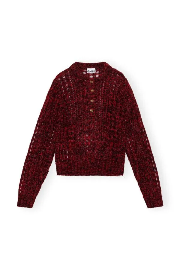 Clothing GANNI Knitwear Red Mohair Lace Polo Sweater Racing Red Clothing GANNI Knitwear Red Mohair Lace Polo Sweater Racing Red