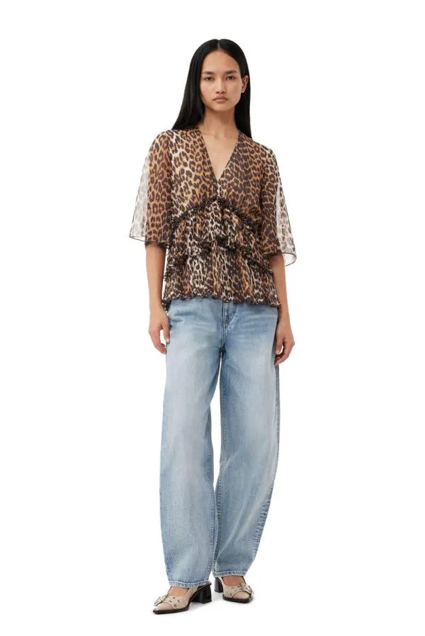 Clothing GANNI Leopard Print Leopard Pleated Georgette Vneck Flounce Blouse Almond Milk Clothing GANNI Leopard Print Leopard Pleated Georgette Vneck Flounce Blouse Almond Milk