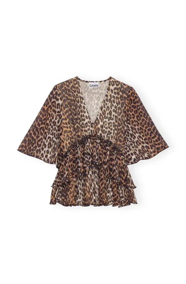 Clothing GANNI Leopard Print Leopard Pleated Georgette Vneck Flounce Blouse Almond Milk Clothing GANNI Leopard Print Leopard Pleated Georgette Vneck Flounce Blouse Almond Milk