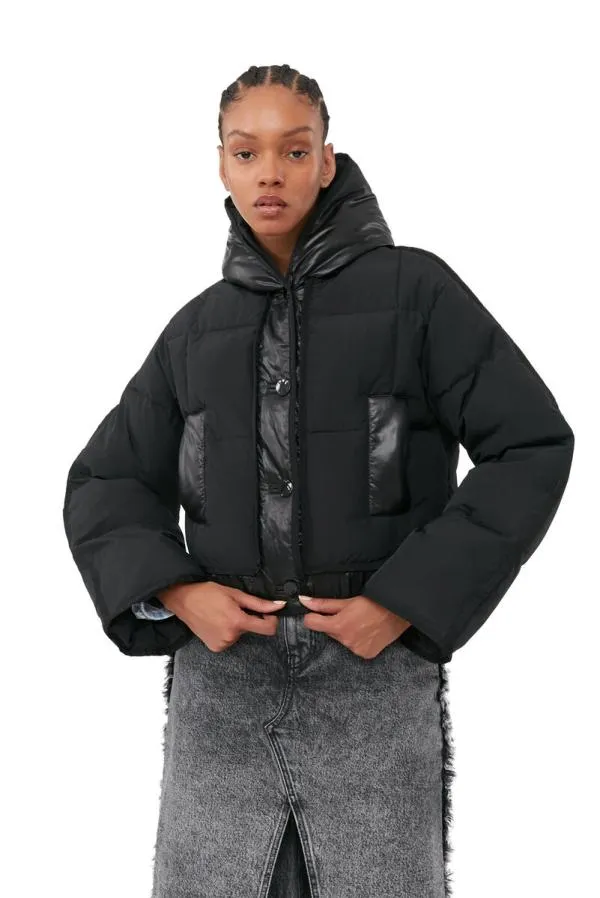 Clothing GANNI Outerwear Black Short Hooded Puffer Jacket Black