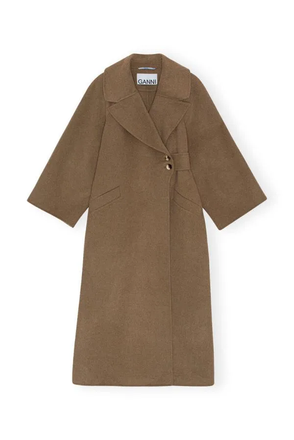 Clothing GANNI Outerwear Long Wool Coat Petrified Oak Clothing GANNI Outerwear Long Wool Coat Petrified Oak