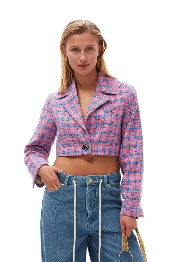 Clothing GANNI Suiting Check Suiting Cropped Blazer Wild Orchid
