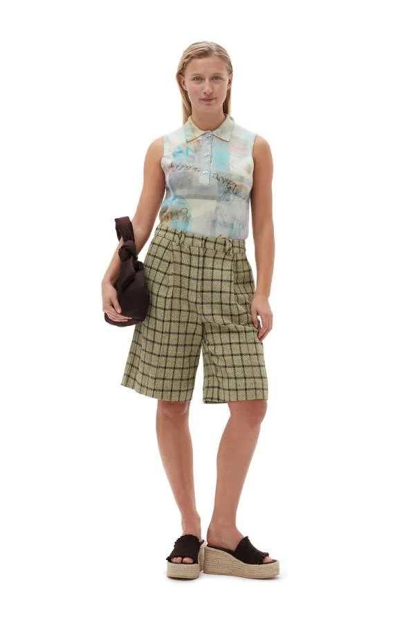 Clothing GANNI Suiting Check Suiting Relaxed Pleated Shorts Tender Shoots