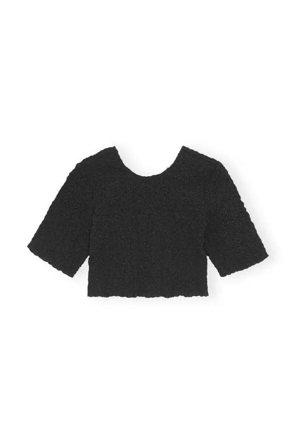 Clothing GANNI Tops Black Cotton Poplin Oneck Cropped Smock Top Black Clothing GANNI Tops Black Cotton Poplin Oneck Cropped Smock Top Black
