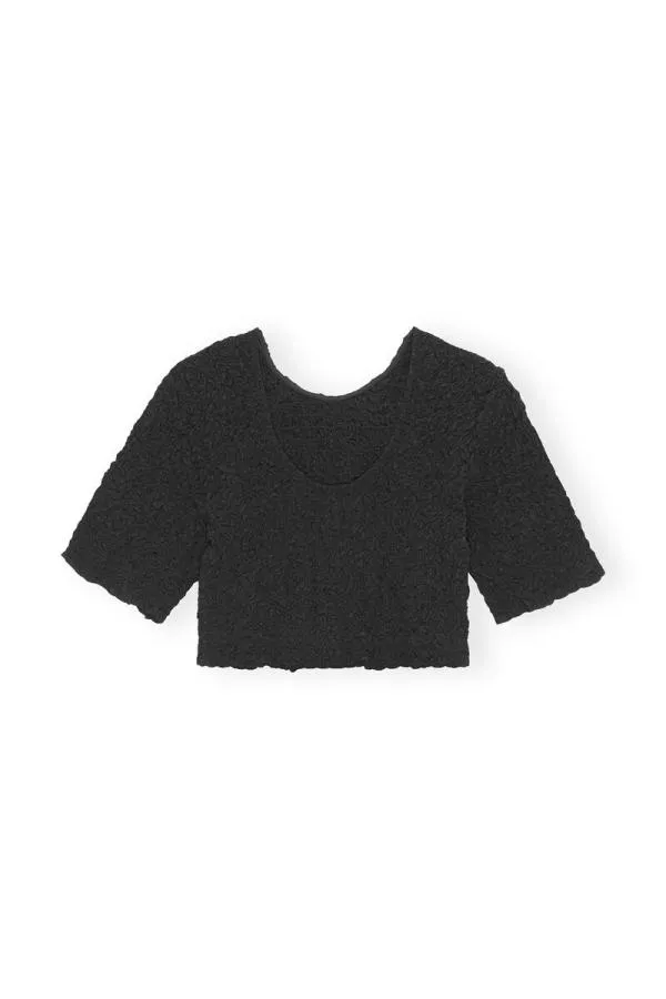 Clothing GANNI Tops Black Cotton Poplin Oneck Cropped Smock Top Black Clothing GANNI Tops Black Cotton Poplin Oneck Cropped Smock Top Black