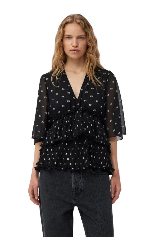 Clothing GANNI Tops Black Pleated Georgette Vneck Flounce Blouse Black