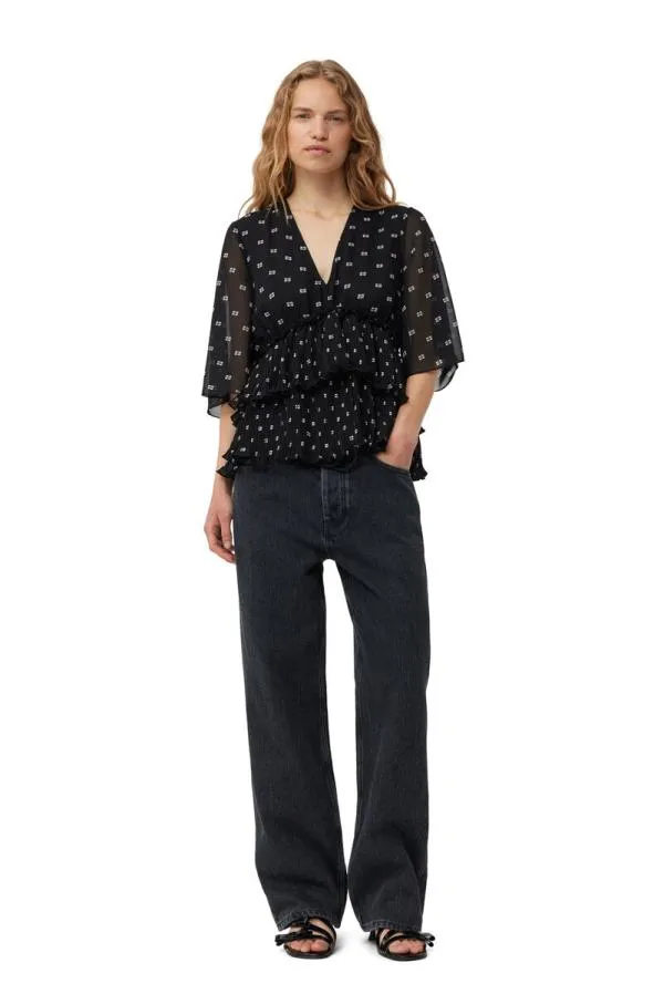 Clothing GANNI Tops Black Pleated Georgette Vneck Flounce Blouse Black