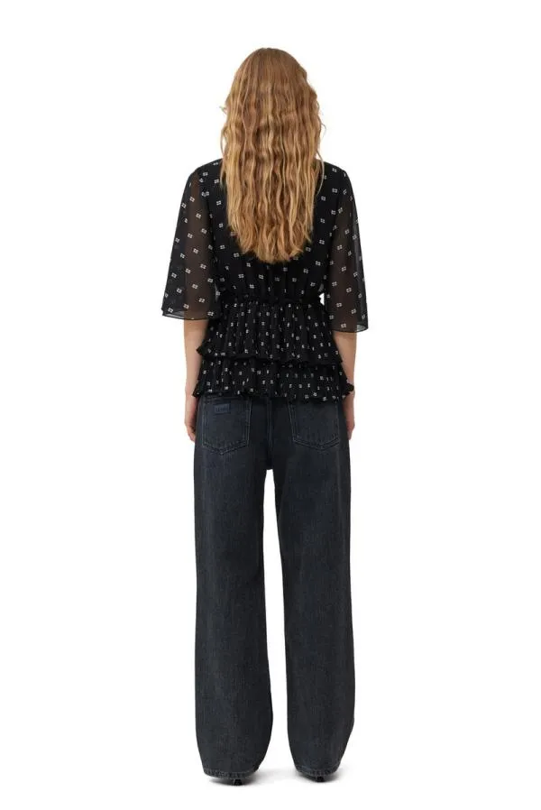 Clothing GANNI Tops Black Pleated Georgette Vneck Flounce Blouse Black
