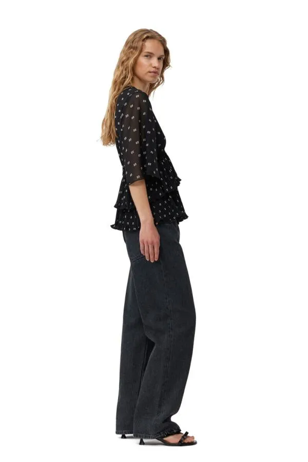 Clothing GANNI Tops Black Pleated Georgette Vneck Flounce Blouse Black