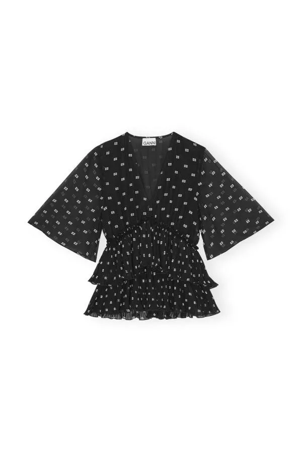 Clothing GANNI Tops Black Pleated Georgette Vneck Flounce Blouse Black