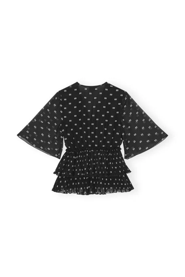 Clothing GANNI Tops Black Pleated Georgette Vneck Flounce Blouse Black