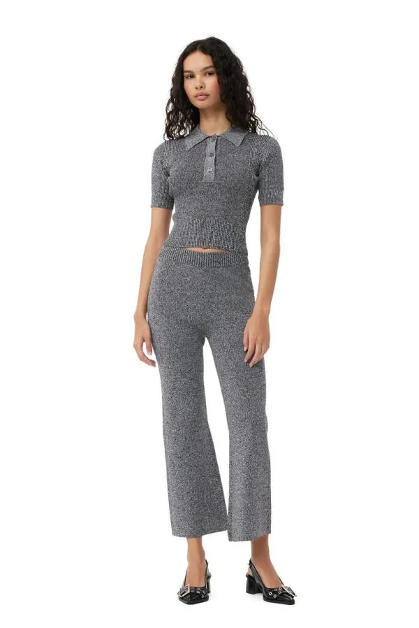 Clothing GANNI Tops Grey Melange Rib Polo Black Clothing GANNI Tops Grey Melange Rib Polo Black