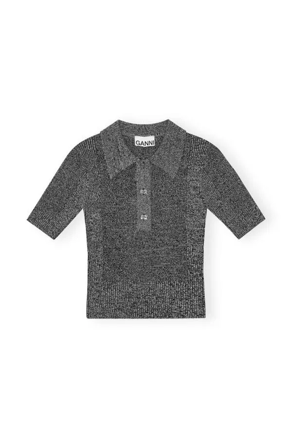 Clothing GANNI Tops Grey Melange Rib Polo Black Clothing GANNI Tops Grey Melange Rib Polo Black