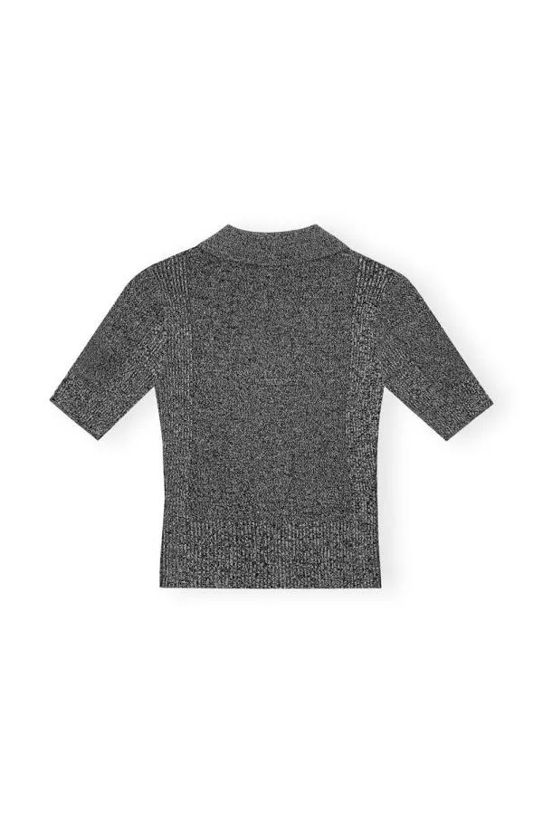 Clothing GANNI Tops Grey Melange Rib Polo Black Clothing GANNI Tops Grey Melange Rib Polo Black